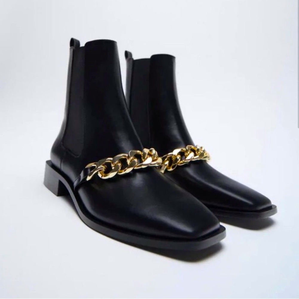 Zara Black Low Heel Chain Ankle Boots
